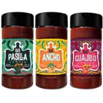 OLÉ RICO Chile Powder 3 Pack Bundle (12 oz Total) Includes: Guajillo Chili Powder, Ancho Chili Powder Spice, and Pasilla Chili Powder - The Holy Trinity of Chiles - Great Mexican Spices Packaged In Reusable Shakers